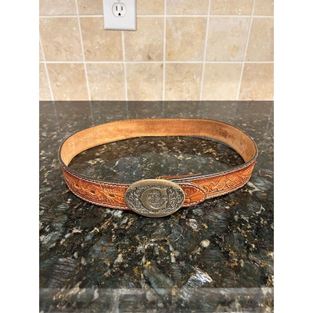 Vintage Tony Lama Tooled Leather Western Belt Unisex Initial C Size 30 Brown